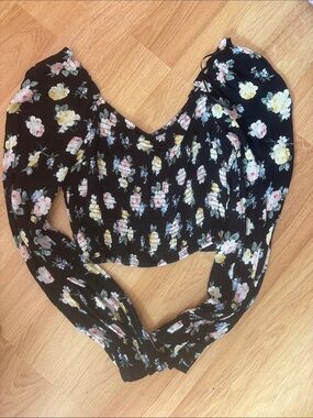 Floral Smocked Long-Sleeve Crop Top - Black/Yellow/Pink